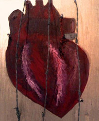 Xosé Mario, «Corazón enjaulado», óleo sobre madera, 2012.