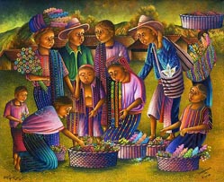 Miguel Angel Sunu Cortez, «Vendedores de Flores», óleo sobre tela, 2003.