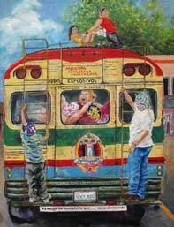 Nancy Almazán, «Lucha bus», óleo sobre tela, 2010.