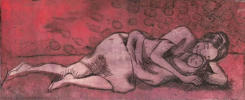 Helen Aparicio Loría, «Durmiendo con mamá», grabado, 2008.