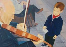 Pedro Argüello, «Hombre con violin y niño», óleo sobre tela, 2011.