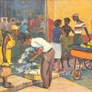 Oscar García Rivera, «Vendedores callejeros en la Habana Vieja», óleo sobre madera, 1950