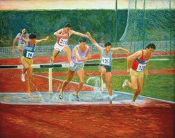José Antonio del Castillo Martín, «Salto de la ria, 3000 m obstáculos», óleo sobre tela, 2007.