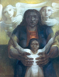 Ponciano Cárdenas Canero, «Maternidad con ángeles» óleo sobre tela, 1995.