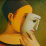 Reynaldo Fonseca, «Mulher de vestido vermelho com máscara», óleo sobre tela, 1973.