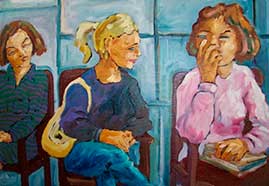 Francisco Mibielli, «Chismes en la sala de espera», óleo sobre madera, 2009.