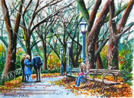 Raphael Puello, «Parque en otoño», acuarela sobre papel.